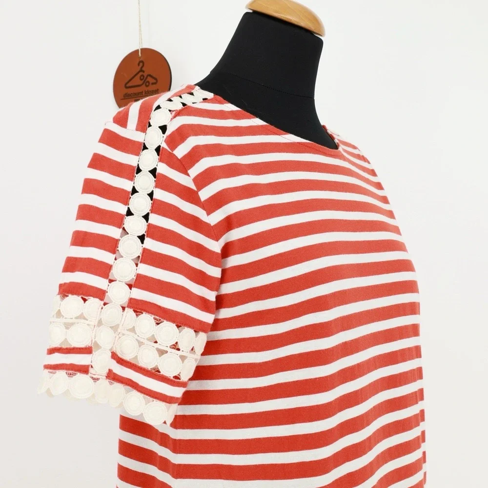 J. Crew Red White Stripe Lace Short Sleeve Crewneck Pullover Cotton Top F7534 XS
